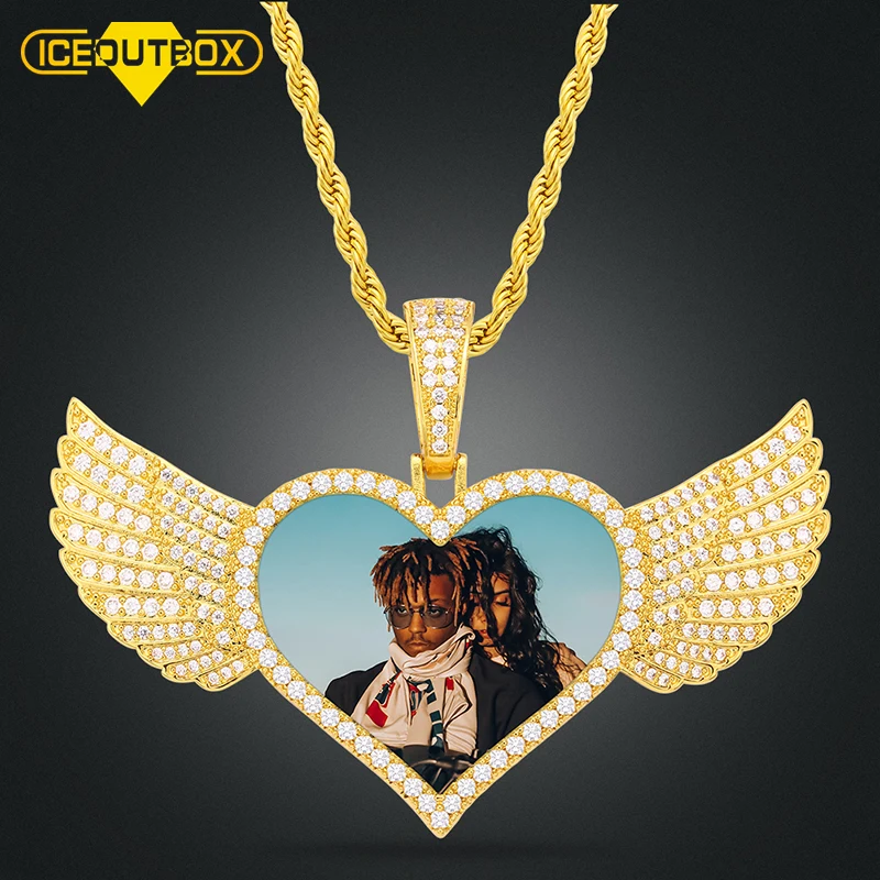 

ICEOUTBOX New Heart Custom Made Photo Angel Wing Pendant Necklace For Women Men's Hip Hop Jewlery Cubic Zircon Commemorate Gift