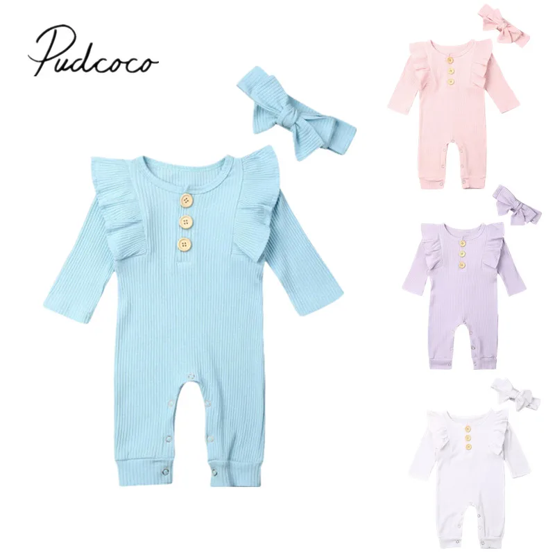 Комбинезон трикотажный с длинным рукавом и оборками на весну/осень|Ромперы| |