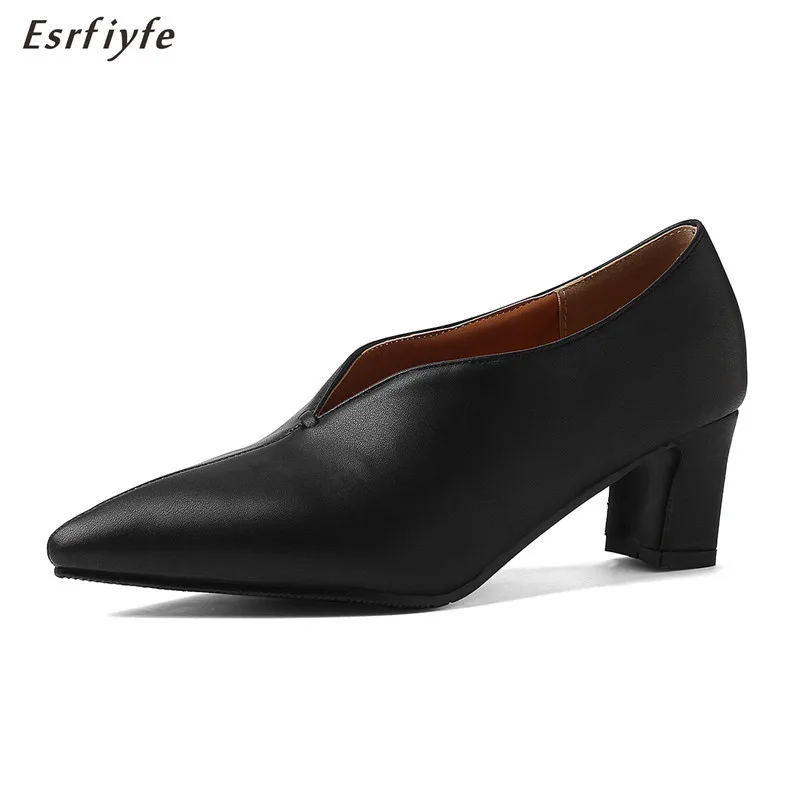 

ESRFIYFE 2020 New Hot Sale Brand Glamour Beige chocolate Women Dress Pumps Black Square Heels Lady Casual Shoes Plus Size 34-46
