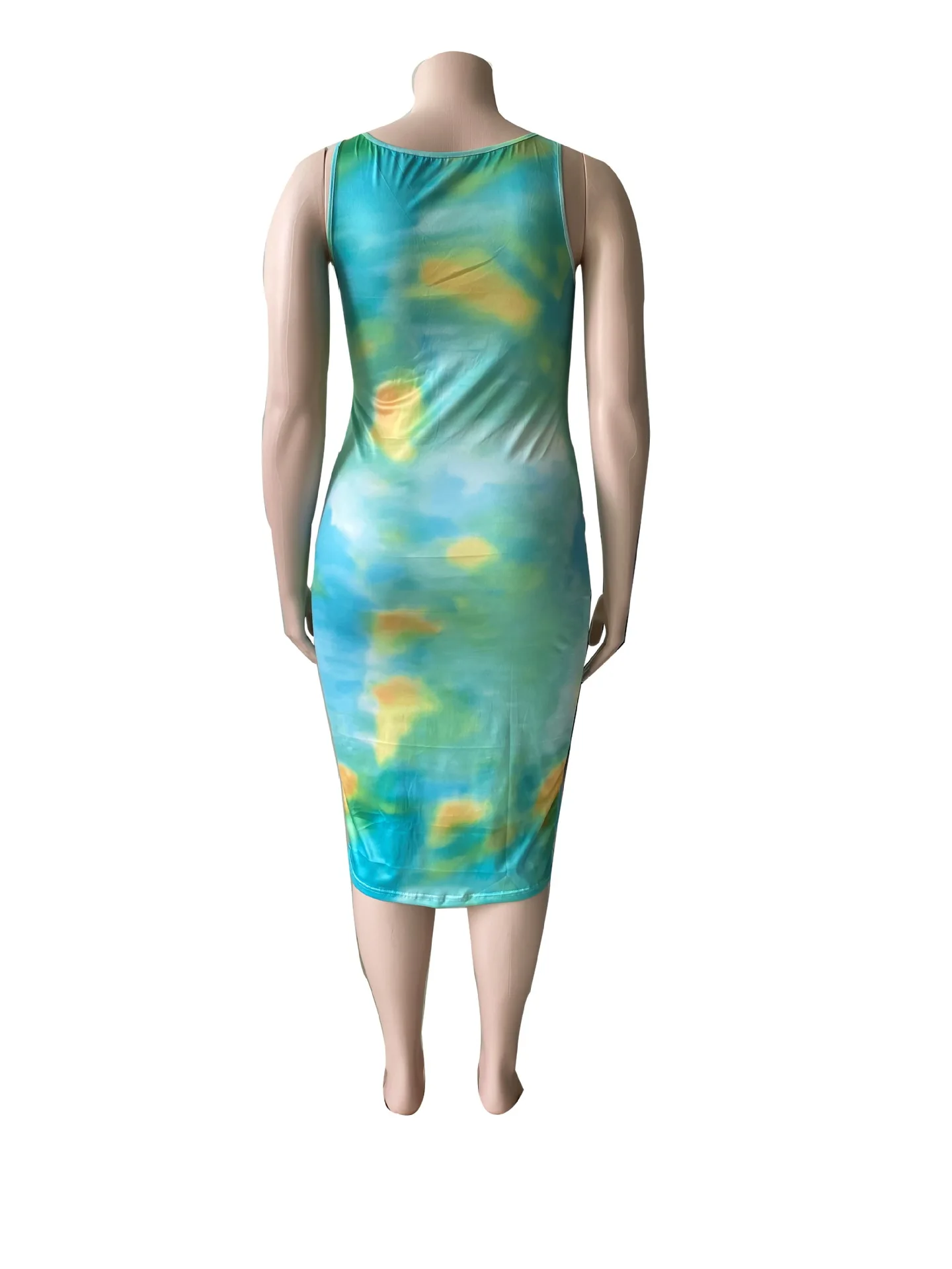 

2021 4Xl Plus Size Dress Ladies Temperament Sleeveless Tie-Dye Milk Silk One-Step Skirt Round Neck Dress Women's Clothing