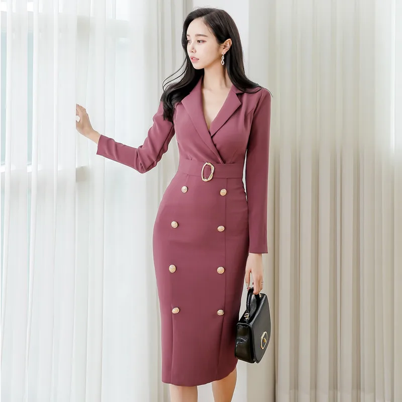 

Элегантные офисные платья, женские однотонные платья с поясом и двойной талией, женское платье-Блейзер, облегающее длинное платье с рукавом