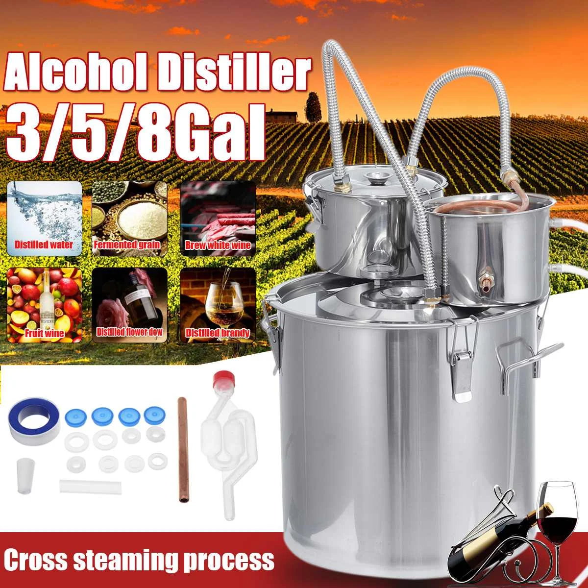 

Efficient 8GAL 30L 3pot Distiller Alambic Moonshine Alcohol Still Stainless Copper DIY Brew Water Wine Essential Oil Brewing Kit