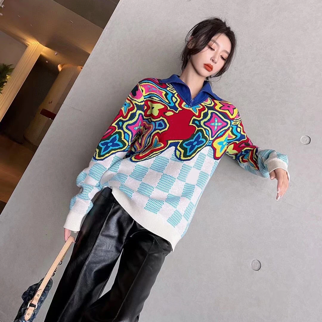 

Autumn And Winter New Luxury Brand Color Blocking Letter Multifunctional Semi Zipper High Neck Long Sleeve Knitted Sweater