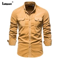 ladiguard plus size men fashion shirt multi pockets corduroy blouse 2021 single breasted tops long sleeve autumn basic shirts