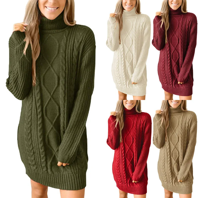 

New mid length solid color women's long sleeve high round neck slimming knitted pullover sweater women