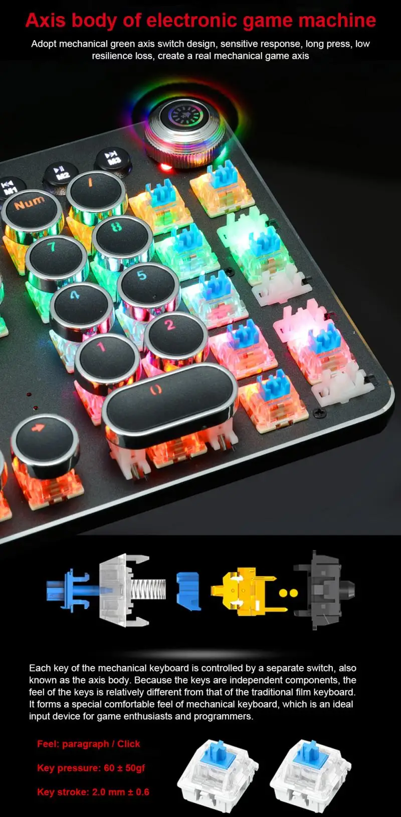

820A Retro Punk Electroplating Knob Luminous Mechanical Keyboard Eating Chicken Computer Game Keyboard 60% Mechanical Keyboard