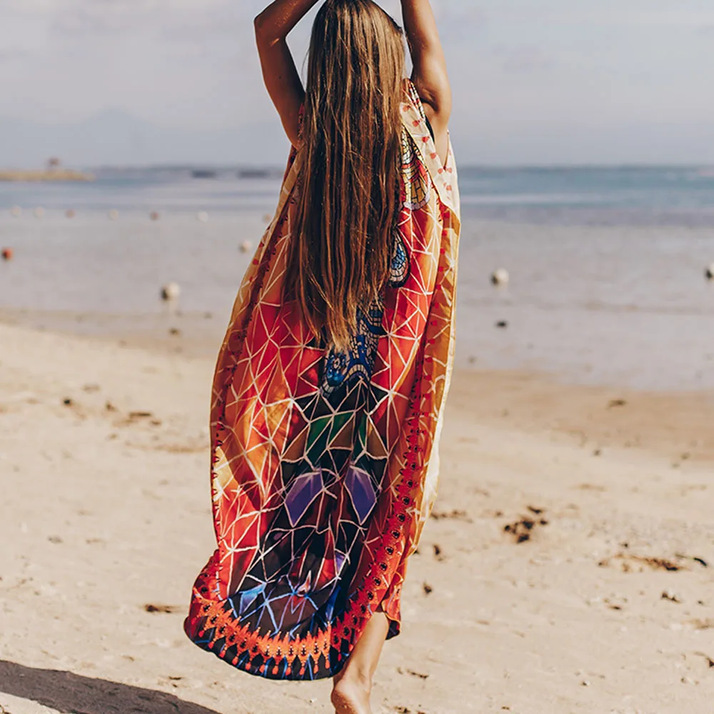 

Bohemian Printed Kaftan Cotton Tunic Beach Cover Up Saida De Praia Women Beachwear Bikini cover-ups Robe De Plage Sarong