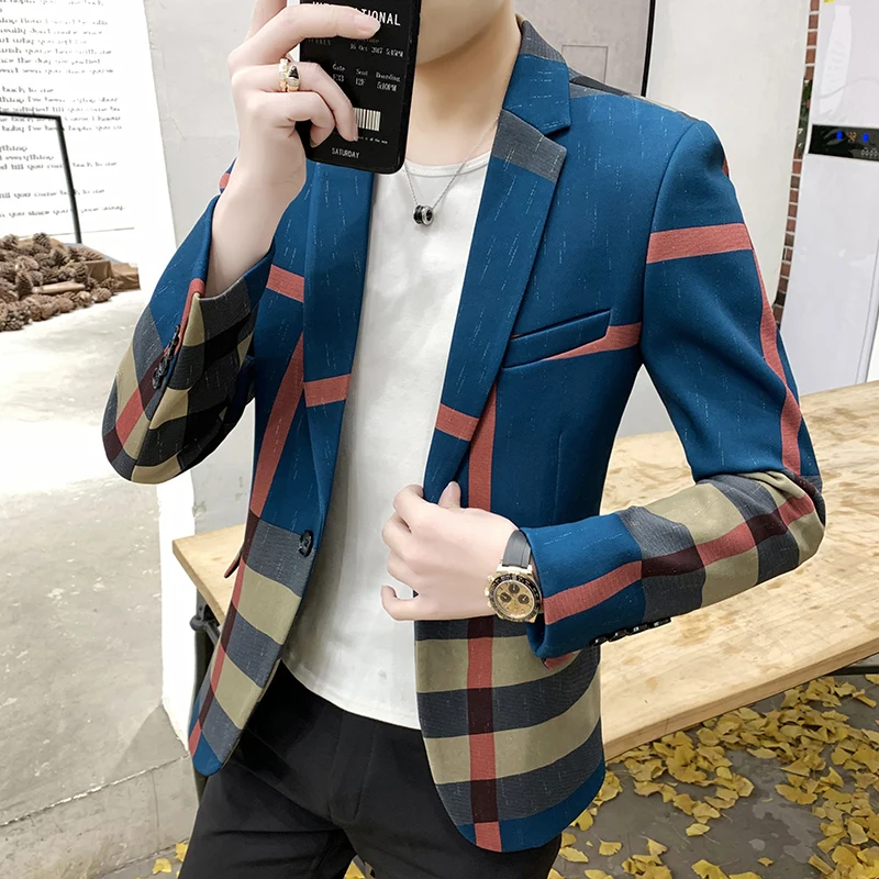 

2021 Men's casual suit jacket spring and autumn ins trend British single western hair stylist handsome slim suit at night