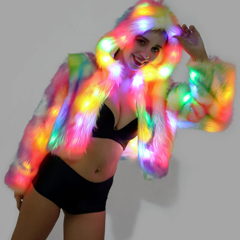 2019 Осень Зима Новая искусственная Меховая куртка цветной светодиодный фонарь с