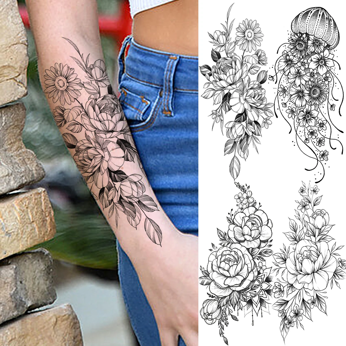 

Realistic Peony Sun Flower Temporary Tattoos For Women Adult Rose Jellyfish Fake Tattoo Waterproof Body Art Half Sleeve Tatoos