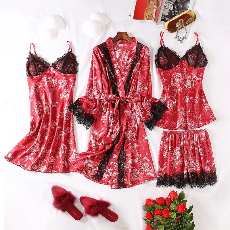 

Spring Summer Pajamas Set Women 4pcs Sleepwear Sexy Suspender Nightgown Pijamas Suit Printed Flower Lace Trim Bathrobe Homewear