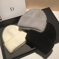 new winter real rabbit fur knitted hat for women fashion luxury hats solid color warm cashmere wool beanie female fold thick cap