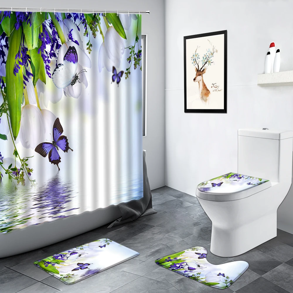 

Spring Floral Butterfly Shower Curtains Tulip Flowers Green Leaf Rural Scenery Bathroom Rug Non-slip Bath Mats Toilet Decor Set