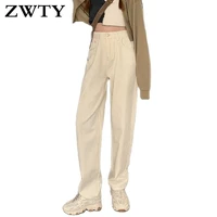 zwty spring summer women jeans straight trousers vintage high waist loose denim pants retro loose trousers full length jeans