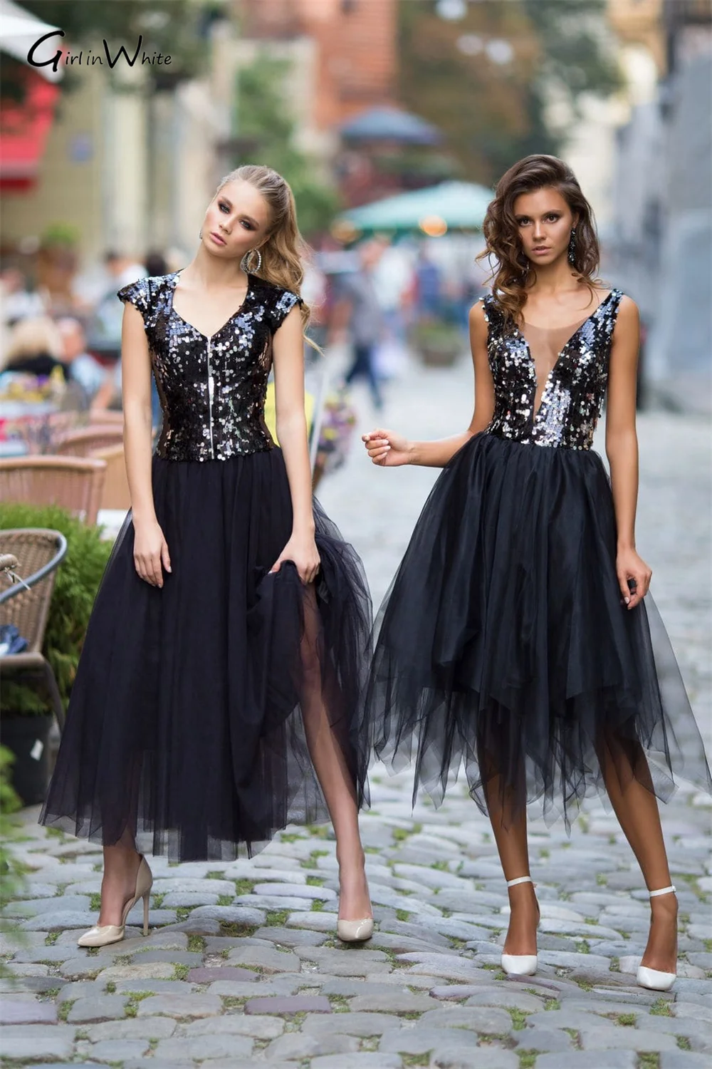 Сексуальное вечернее платье с блестками и глубоким V-образным вырезом из тюля