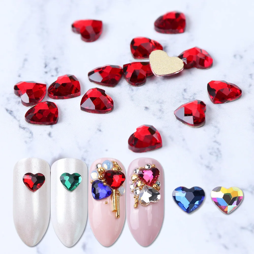 10 шт. цветные стразы с плоским основанием в форме сердца для украшения ногтей