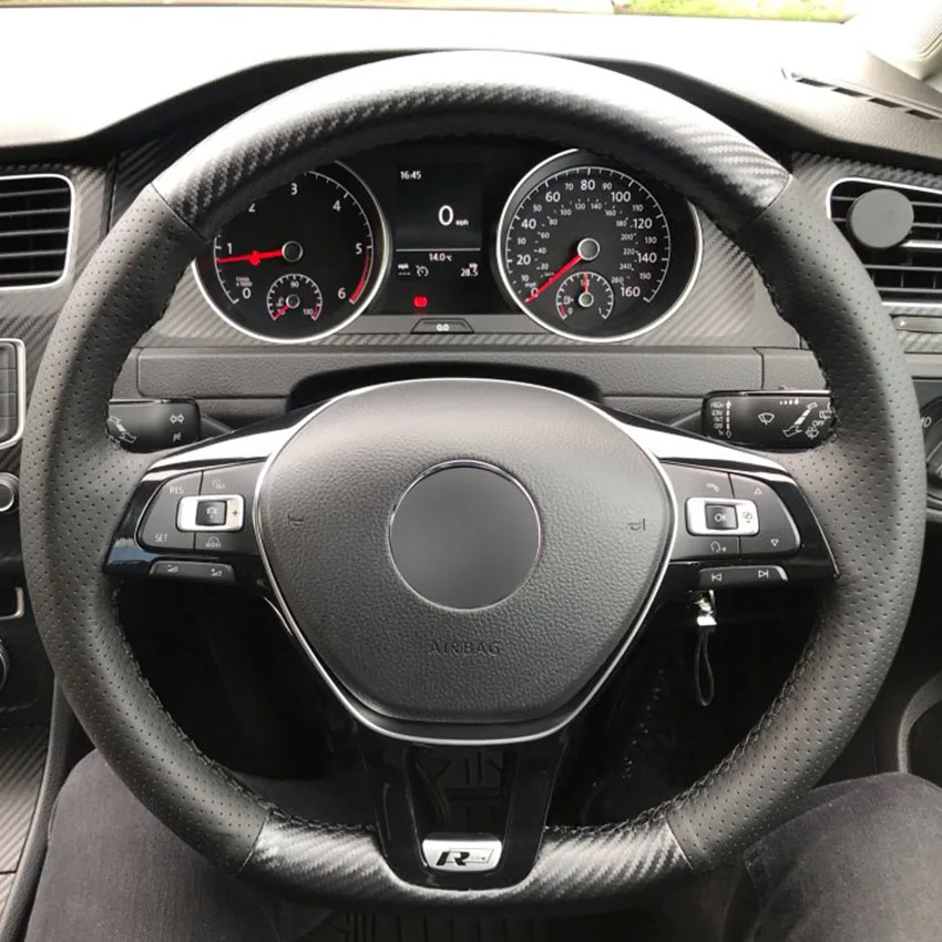 Черная кожаная крышка рулевого колеса из углеродного волокна для Volkswagen VW Golf 7 Mk7 New Polo Jetta Passat B8 Tiguan Sharan - Название цвета: Black