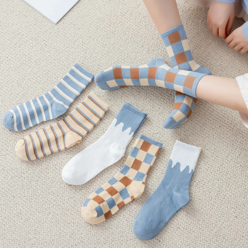 

Женские носки на осень и зиму Ins Calcetines, дышащие клетчатые полосатые носки, хлопковые теплые носки, милые женские носки