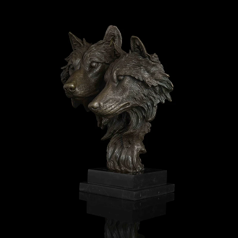 

[MGT] Bronze animal art decor bronze double two wolf head statue sculpture for desk decoration
