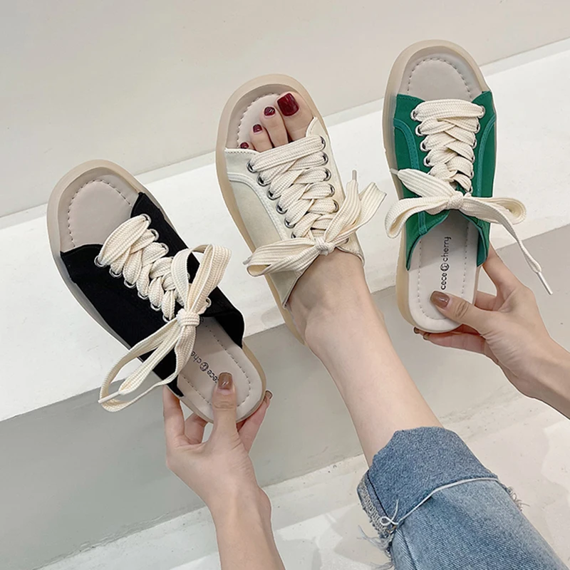 

2021 new Slippers Women Summer Lace-up Casual Canvas Sandals Fashion Flat-bottomed Sports Slippers Open Toe Flats Sandals Shoes