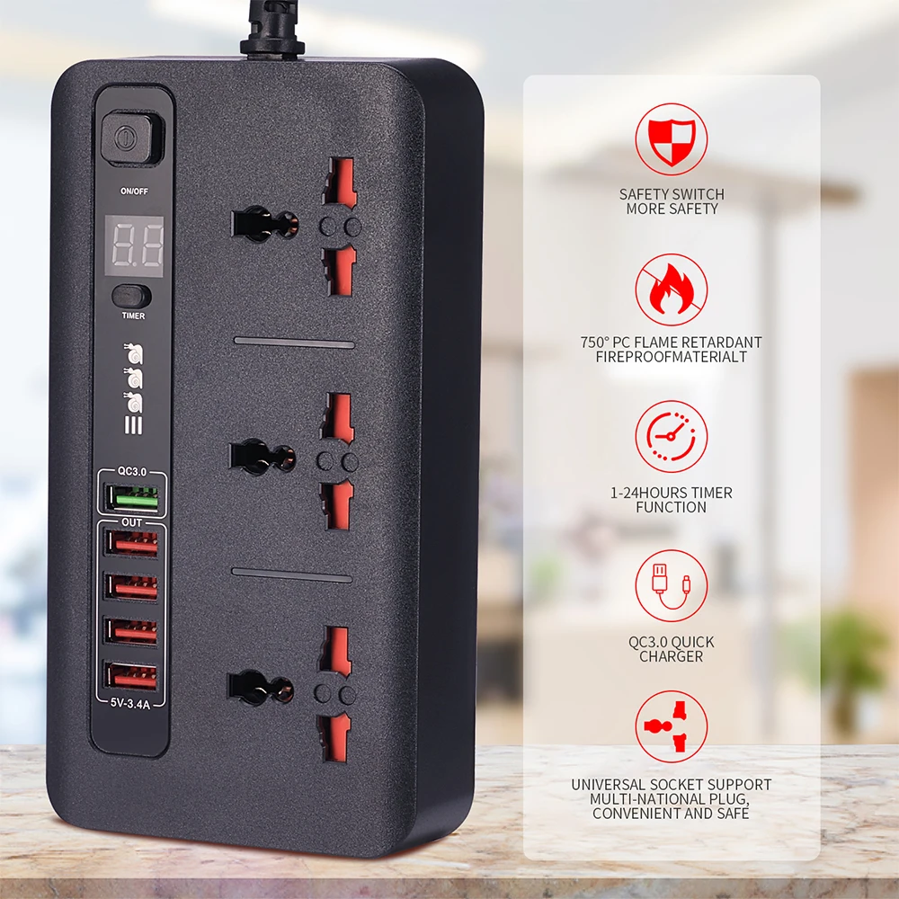 2500 Вт универсальная электрическая розетка 3 розетки переменного тока 5 USB умных