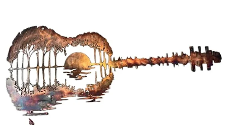 Guitarra abstracta de Metal para colgar en la pared, arte de hierro de precisi&oacute;n, reflejo de puesta de sol, decoraci&oacute;n del hogar, regalo colorido r&uacute;stico Vintage-2