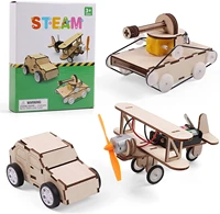electrical wooden 3d puzzle woodcraft construction kits with battery boxes including airplane pull back car and tank model toy