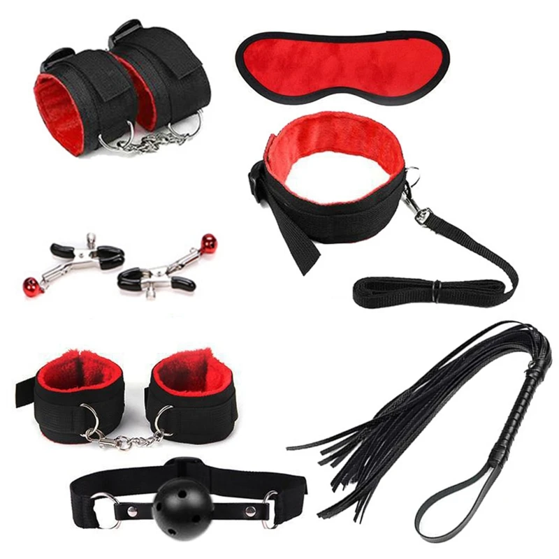 

68UD 1Set BDSM Restraint Fetish Collar Handcuff Bondage Whip Paddle Vibrator Nipple Clips Sucker Butt Plug Mouth Gag Kit Adult