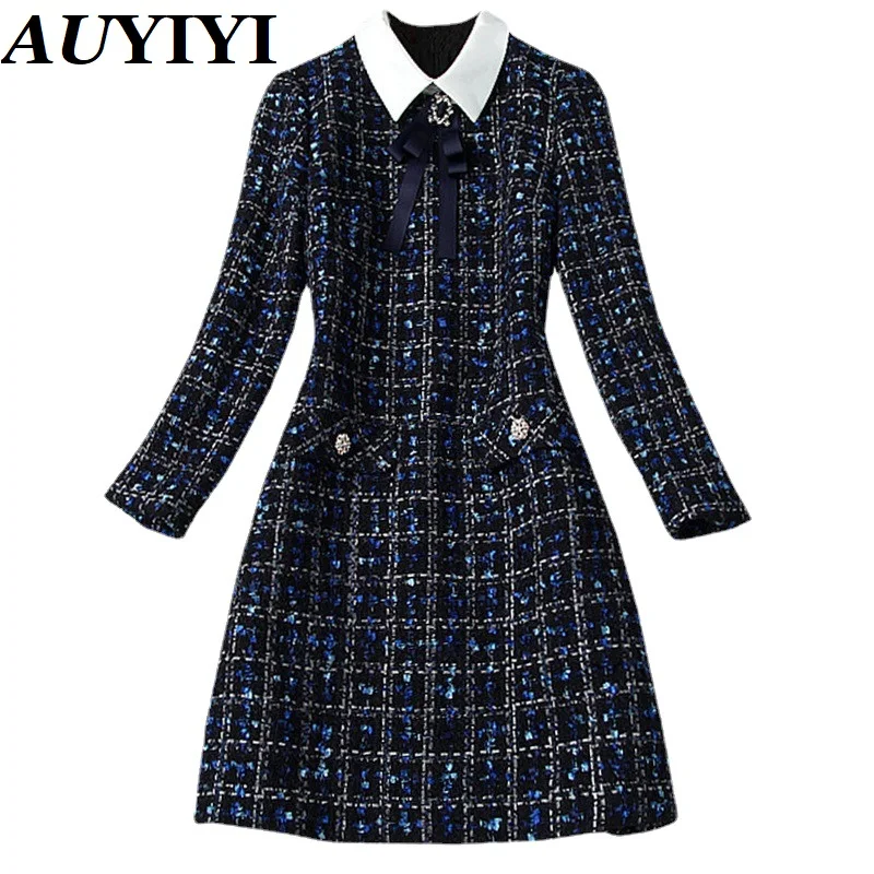 

Fashion Designer Navy Blue Plaid Bow Tie Tweed Dress Autumn Winter Women Long Sleeve Diamonds Button Vintage Woolen Short Dress