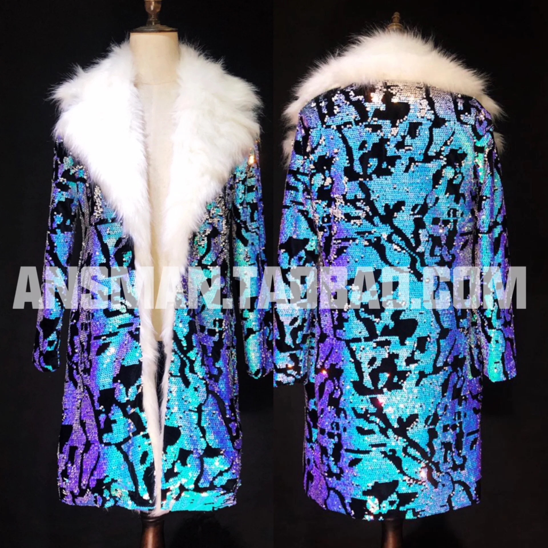 

New Xadrez Masculino Long fur top nightclub bar male singer DJ DS GOGO colorful blue sequin fur coat costume Blazer Para Hombre