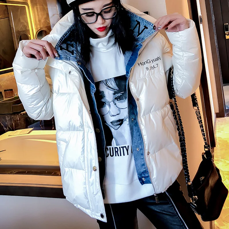 

2020 Winter Padded Jacket Women Harajuku Oversize Denim Collar Jacket Fake 2 Pieces Overcoat Letter Print Loose Hooded Parkas