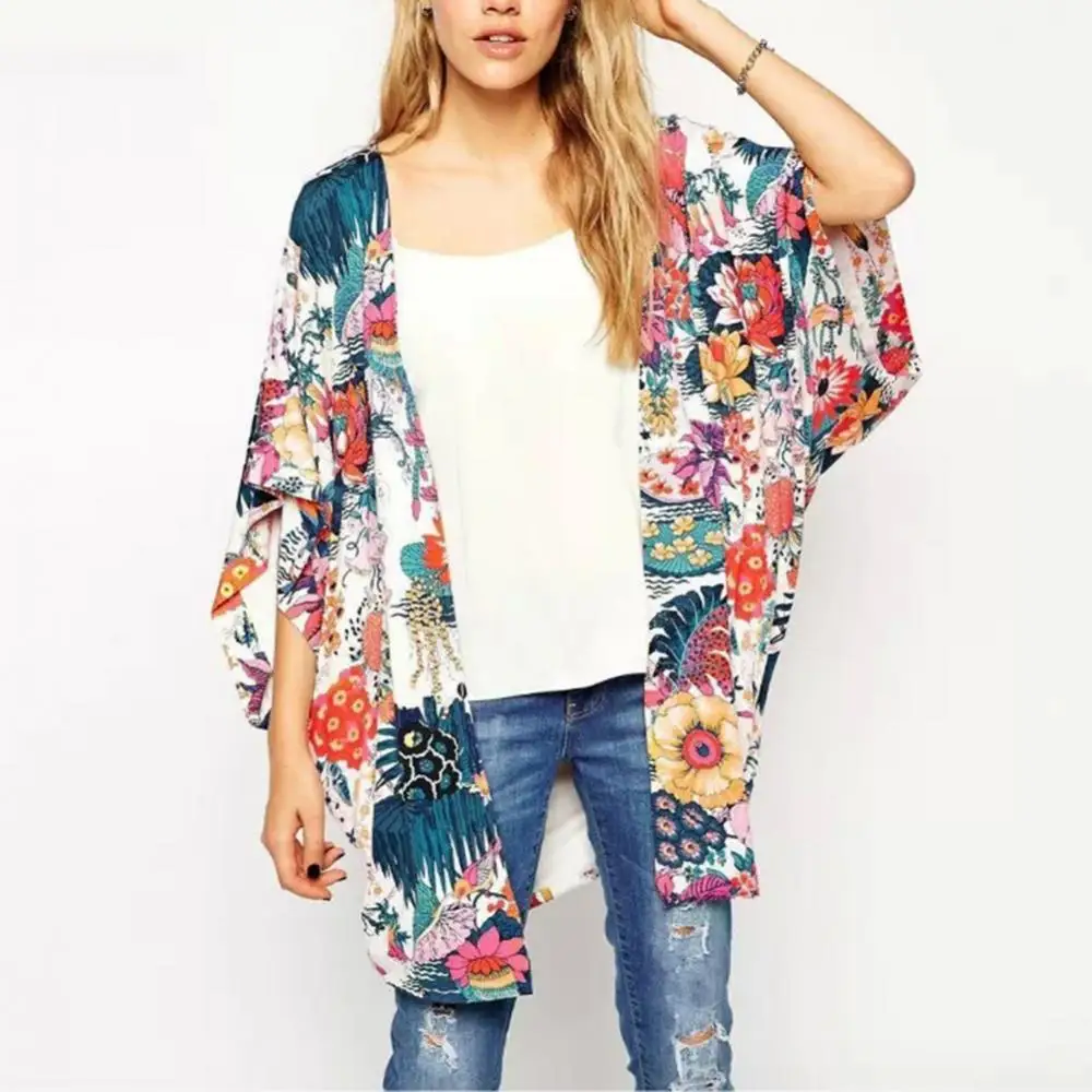 

Женская Пляжная накидка в богемном стиле, свободная шаль с цветочным принтом, шифоновый кардиган-кимоно, пляжная одежда, лето