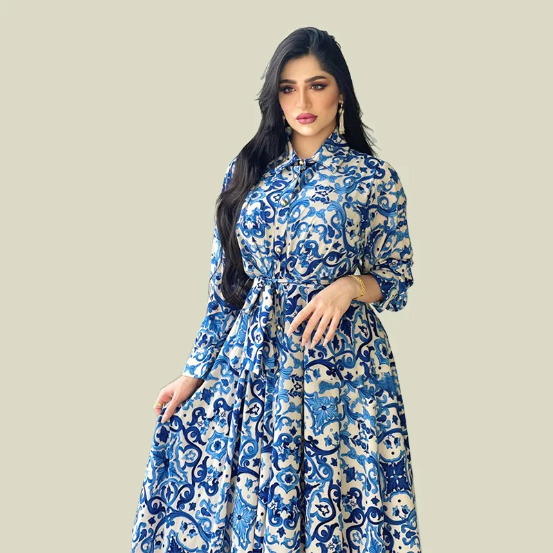 2021 Ladies Blue Floral Maxi Dress Lapel Long Sleeve Malay Indonesia Dubai Arabi Middle East Muslim Abaya