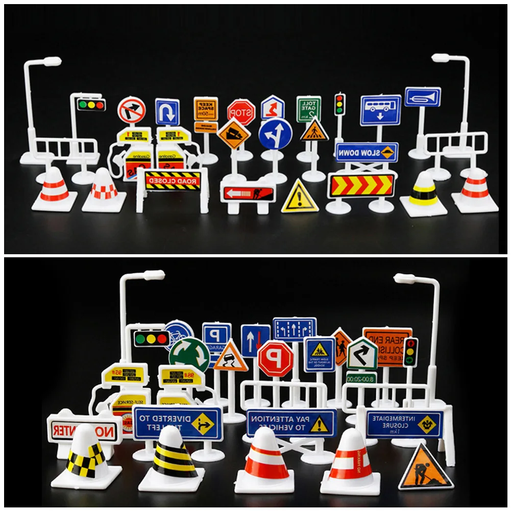 

28 PCS Children Car Toy Accessories Traffic Road Signs Kids Children Play Learn Toy Game Signs Indicator In English