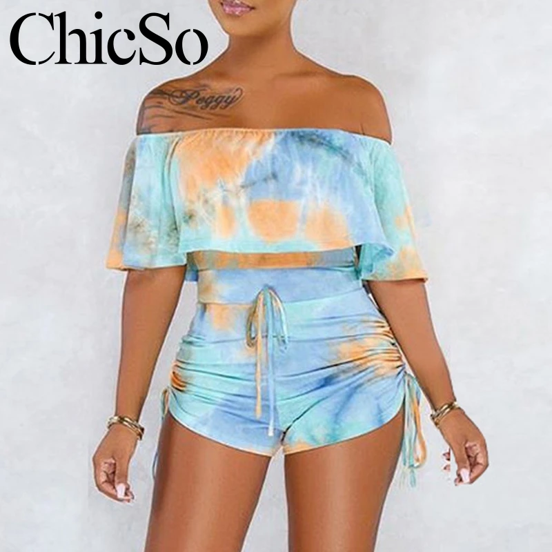 MissyChilli Tie dye pleated short jumpsuit women Bodycon elegant off shoulder romper summer Autumn sexy club streetwear playsuit |