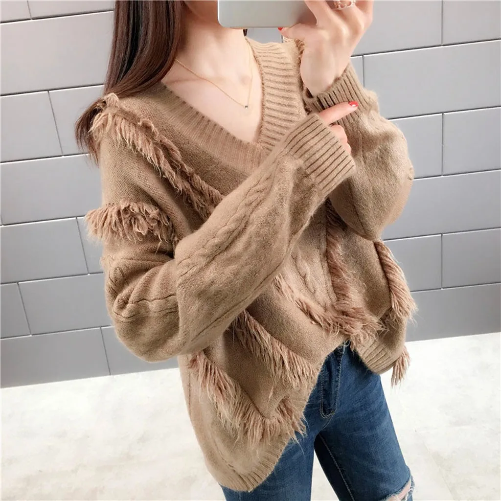 SAGACE 2020 New Autumn Winter Fringe Casual Knitted Sweater Ladies Elegant Long Sleeve V-neck Women Pullovers Tops Street Pop | Женская
