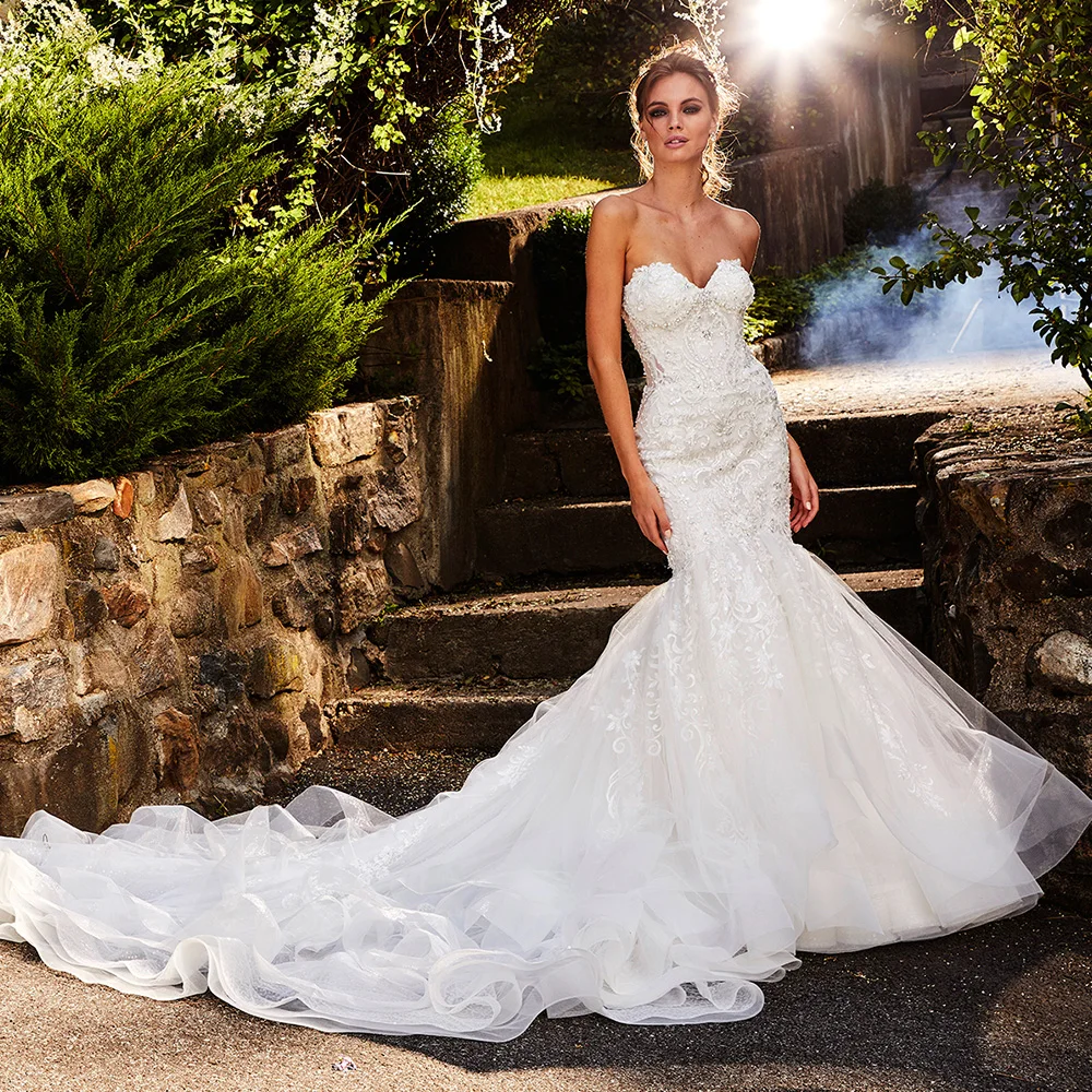 

Свадебное платье русалки с королевским шлейфом H340 2020, милое кружевное платье без рукавов с аппликацией из бисера, свадебные платья на заказ,...