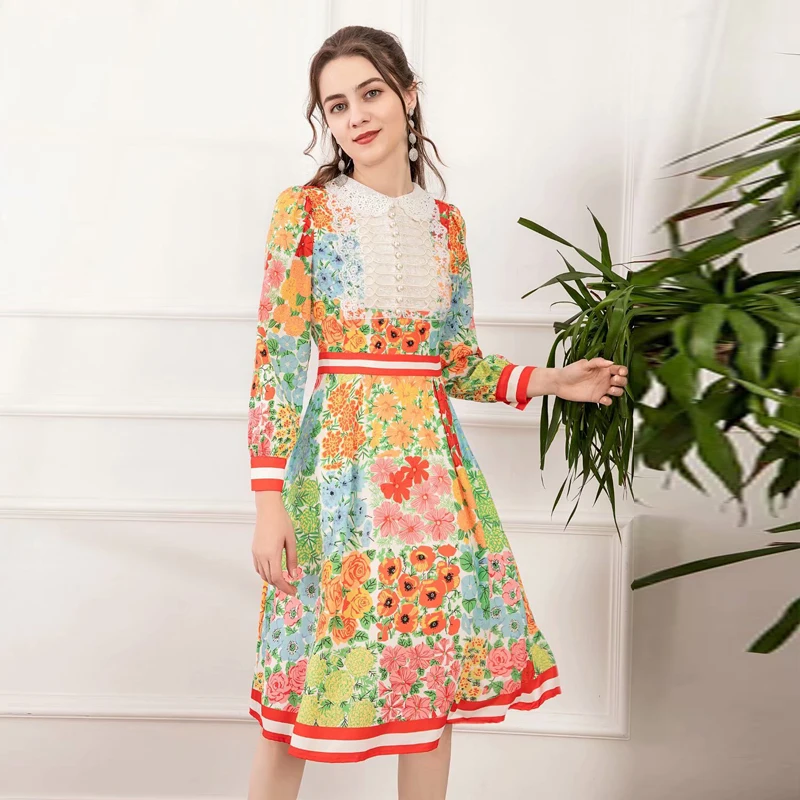 

Designer 2021 Spring New Women'S Embroidered Mesh Beading Fashion Party Flowers Print Vintage Elegant Long Sleeve Dress