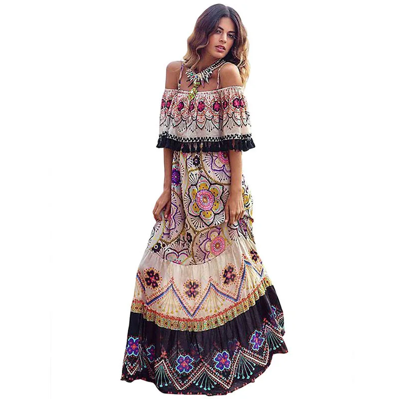 

New Bohemian Print Dresses for Women One Shoulder Strapless Beach Holiday Swing Dress Woman A-LINE Dress for Women Donsignet