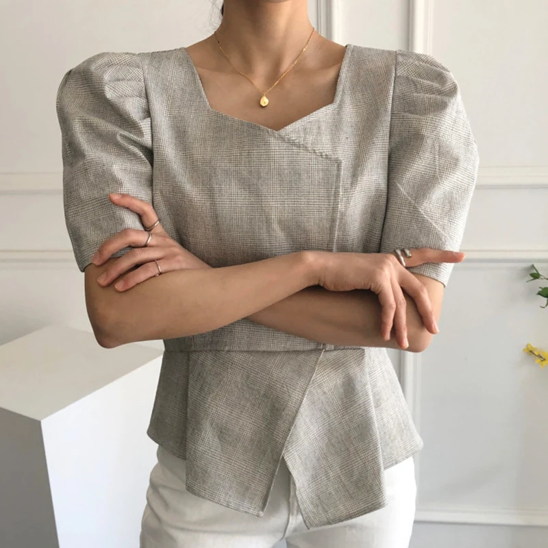 Блузка с квадратным вырезом рукавами-фонариками женские топы баской | Женская