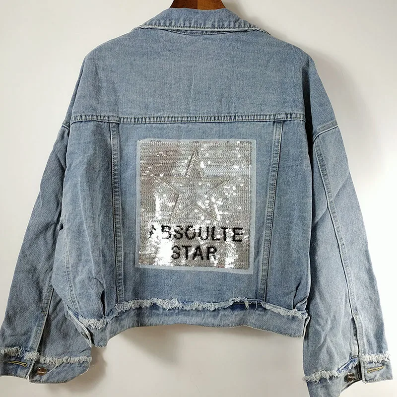 

YingYuanFangNew Korean version of the loose five-pointed star sequins bat sleeve denim jacket coat female spring and autumn