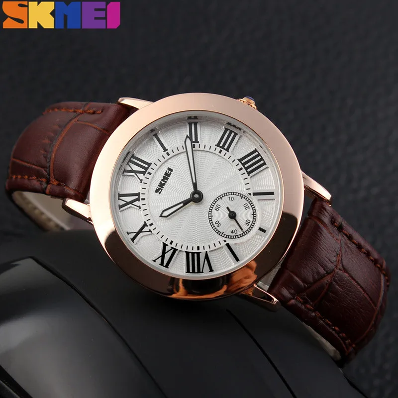 SKMEI роскошные женские часы кварцевые модные из натуральной кожи на ремешке