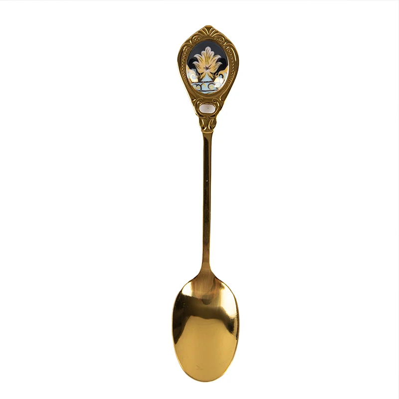 

4PCS Stainless Steel Embossed Coffee Spoon Ceramic Gold Plated Cake Spoon