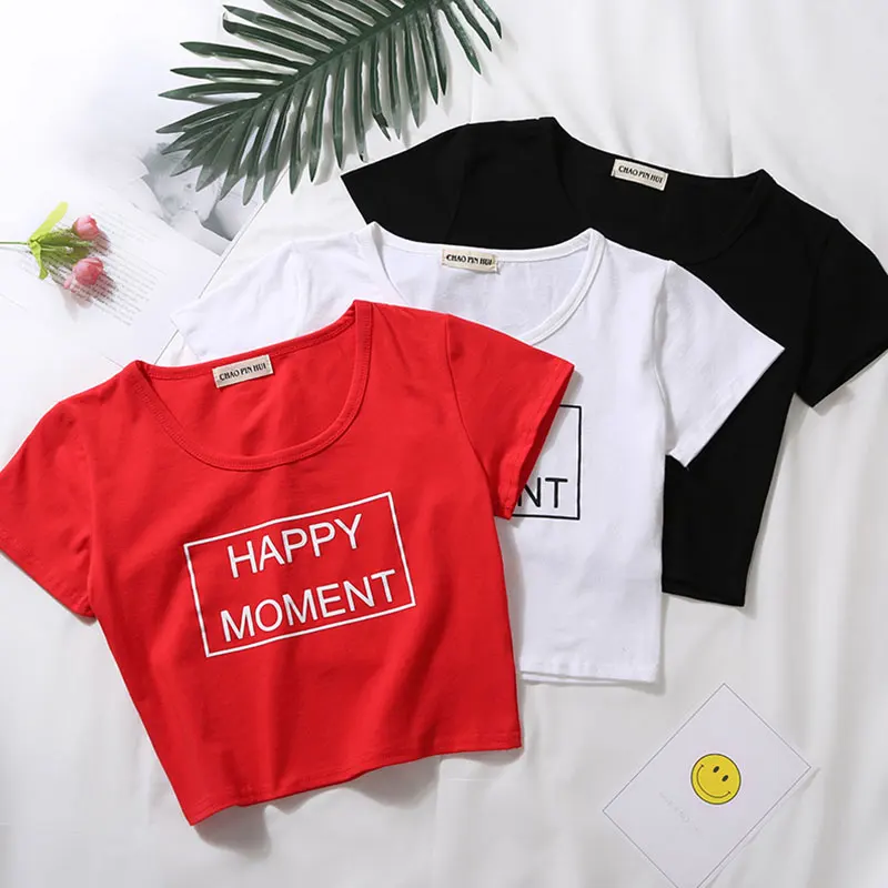 Женский короткий топ с буквенным принтом однотонный облегающий коротким рукавом