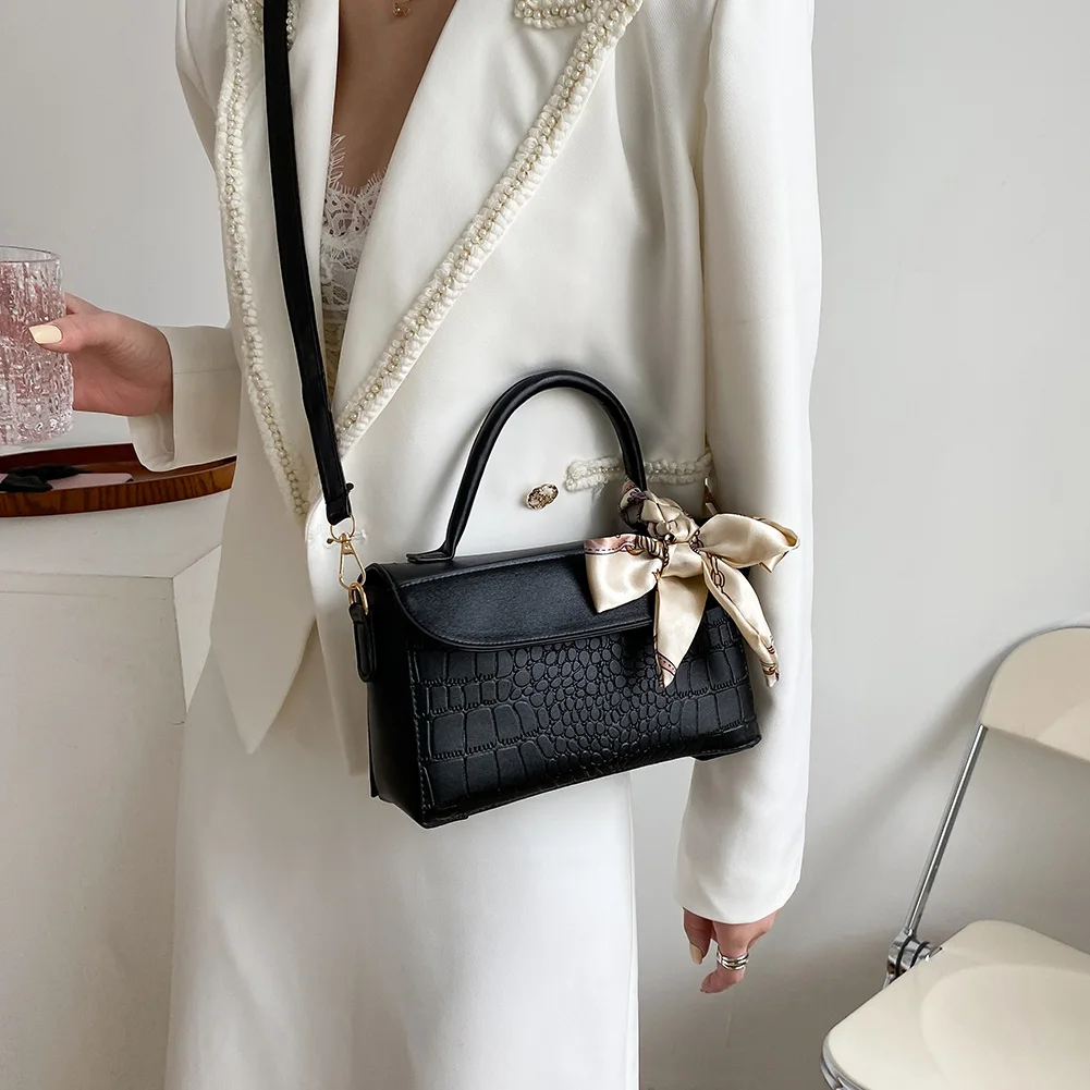 

Fashion Women PU Leather Alligator Pattern Crossbody Shoulder Messenger Bag Ladies Designer Silk Scarf Small Square Flap Purse