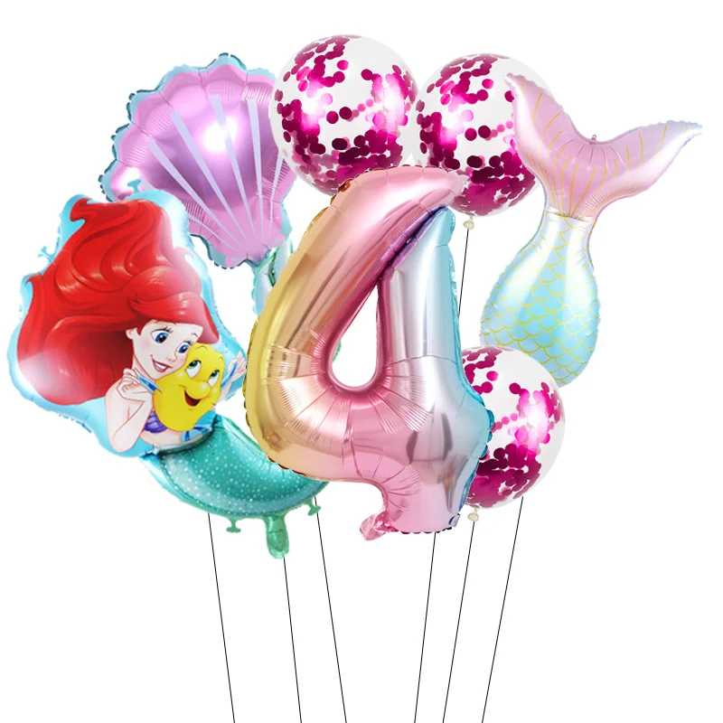 1 set mermaid Ariel cartoon balloons princess foil balloon 32Inch Number baby girl pink air baloes birthday party decor kids toy