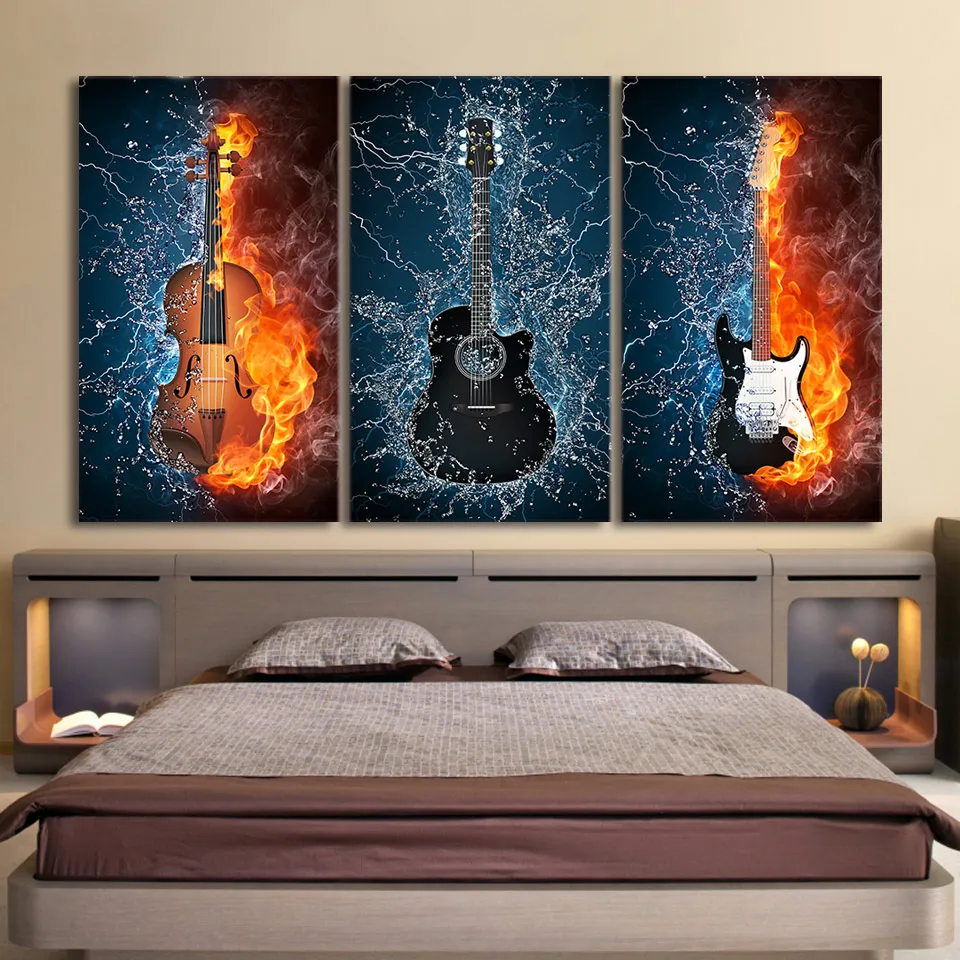 

Decor HD Print 3 Panels Canvas Art Black Burning fire Guitar Music Painting Room Decor Canvas Wall Art Posters Picture
