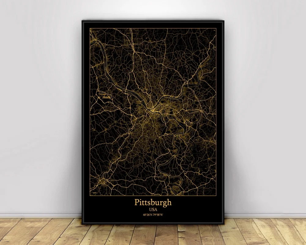 Pittsburgh USA Black & Gold City Light Maps Custom карта городов мира постеры Печать на холсте в скандинавском стиле настенное искусство домашний декор