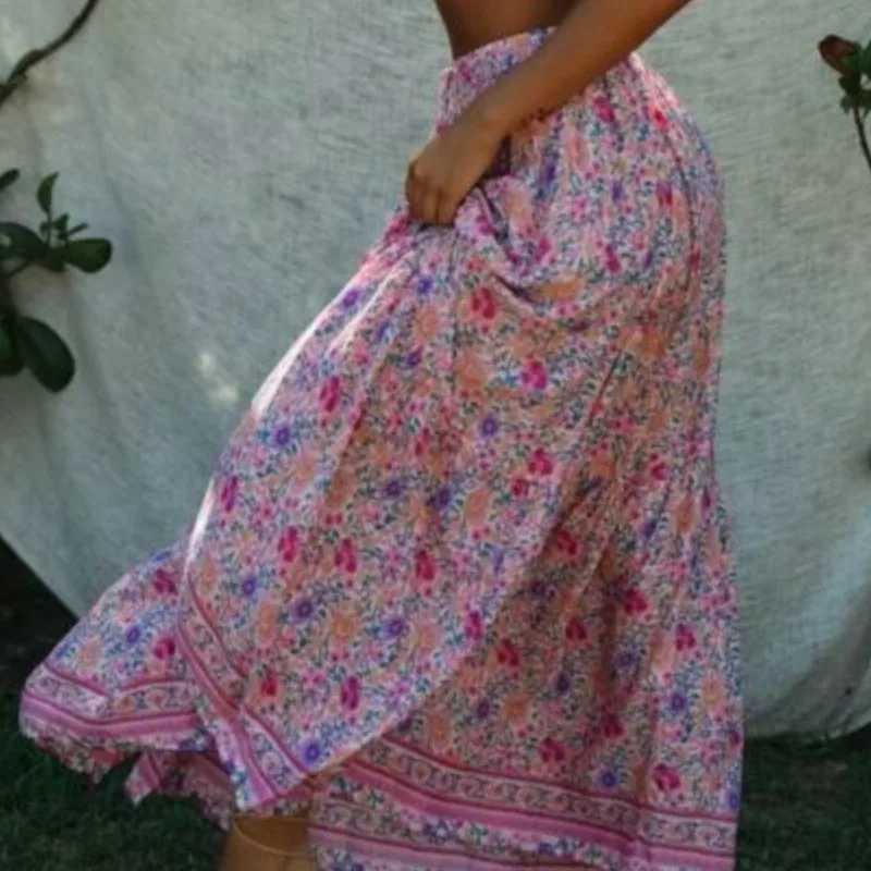 

Vintage Floral Holiday Maxi Dress Women Skinny High Waist Ruffles Holiday Beach Casual Fashion Beach Skirts