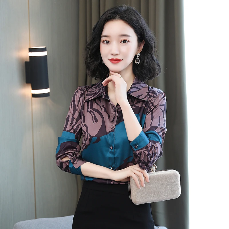 

2020 Autumn New Fashion Women Three Quarter Sleeve Tops Patchwork Blouse Silk Shirts Casual Lady Turn-Down Collar Loose Clothing